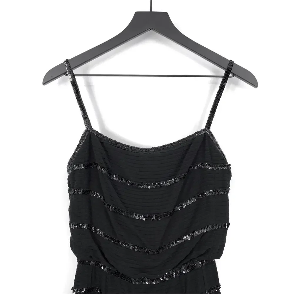 VINTAGE CHANEL 1980’s Sequin Midi Flare Dress Black Silk 38 *Authenticated